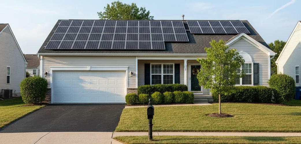 House roof with solar panels under a clear sky