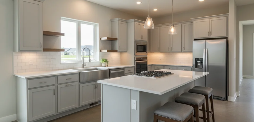Modern kitchen with white cabinetry and marble countertops