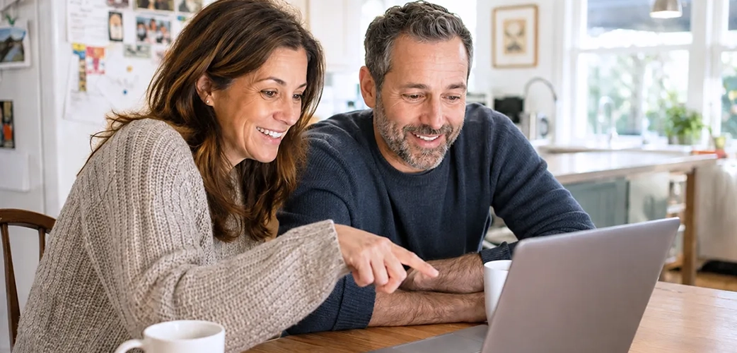 Couple smiling while looking at a laptop. 