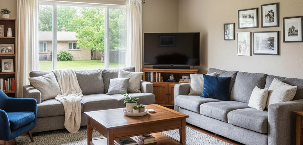 Bright modern living room with sectional sofa and large windows