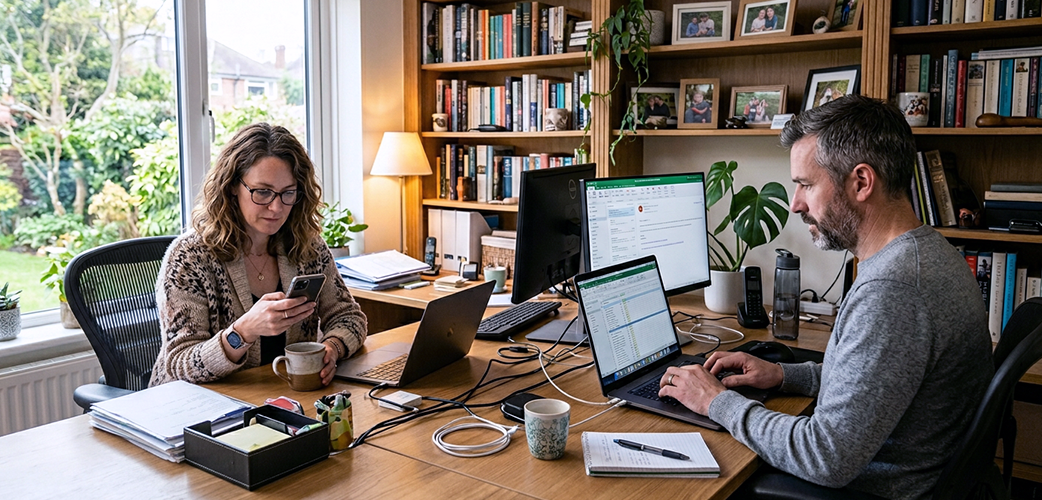 Two people working at a home office desk with laptop and phone
